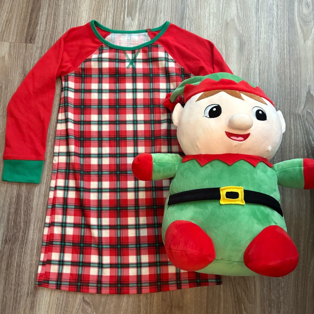 Red and Green Plaid Nightgown with Elf Plush